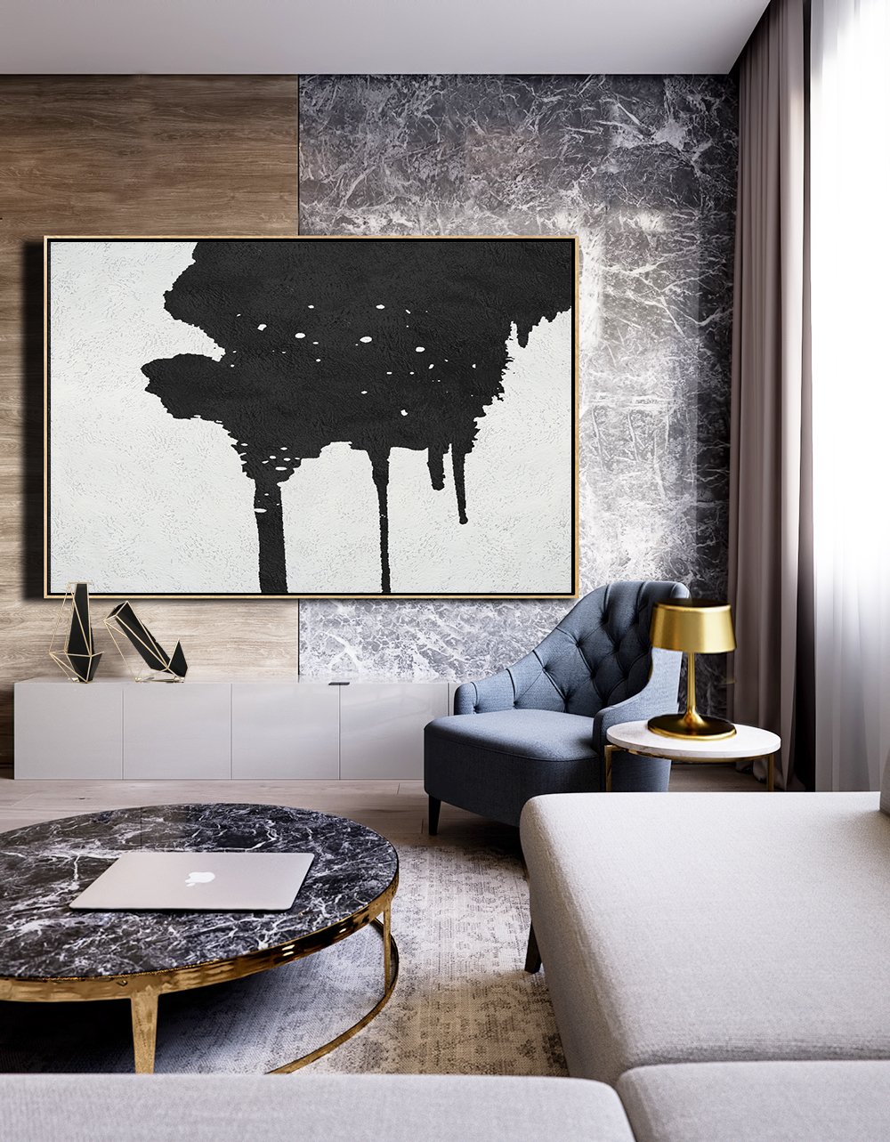 Wall Art Ideas For Living Room,Oversized Horizontal Minimal Art On Canvas, Black And White Minimalist Painting - Huge Abstract Canvas Art